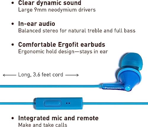 Panasonic Ergo Fit Wired Earbuds with Microphone – Superior Sound Quality with Ergonomic Comfort, Universal 3.5 mm Jack Earphones for Phones and Laptops in Stylish Metallic Purple – Custom-Fit Earpieces (S/M/L) for Optimal Audio Experience and Hands-Free Calls – RP-TCM125-VA