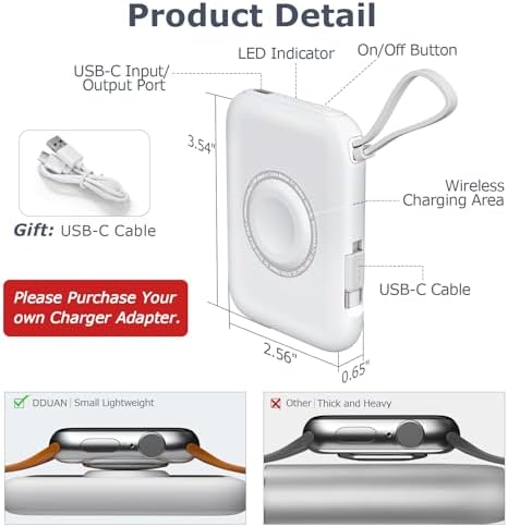 Ultimate 3-in-1 Wireless Watch Charger Power Bank: 5000 m Ah Portable Travel Charger with Dual USB-C Cables – Rapid Charging for Apple Watch Series 1-9 & i Phone 15/Samsung – Lightweight Design with Advanced Safety Features for Hassle-Free On-the-Go Charging