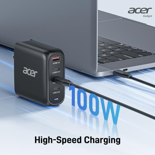 Acer 100 W Ga N II USB-C Charger with 4-Port Extension Cable – Ultra-Fast Charging for Mac Book Pro/Air, i Phone 16, Galaxy S24, i Pad Pro, Acer Nitro 5 – Compact & Versatile Power Solution for Home, Office, and Travel – Safe, Efficient, and Convenient Charging with Foldable Design and Removable Cord