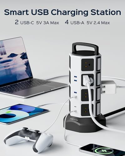 JACKYLED Power Strip Tower Surge Protector with 12 Outlets and 6 USB Ports (2 USB-C) – High-Speed Charging Station with 1050 Joules Protection, 1625 Watts, 6.5 ft Extension Cord for Enhanced Home Office Efficiency and Device Safety