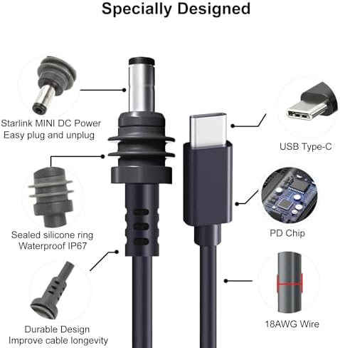 Starlink Mini USB C to DC Power Cable, 6.5ft Starlink Mini Type-C to Power Cable, PD 20V Type-C Input to DC Male Output Waterproof, Compatible with 65W+ PD 20V Protocol Power Supply/Source (2M) – Enhanced Compatibility and Speed