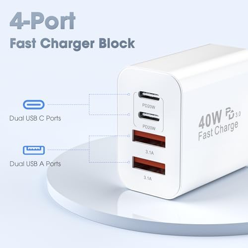 40 W USB C Charger Block – 2 Pack 4-Port Fast Charging Adapter for i Phone & Samsung Devices – PD 3.0 & QC 4.0 Dual Quick Charge Technology – Multi-Device Compatibility in Sleek Black Design – Safe, Efficient Charging Solution for Home & Travel