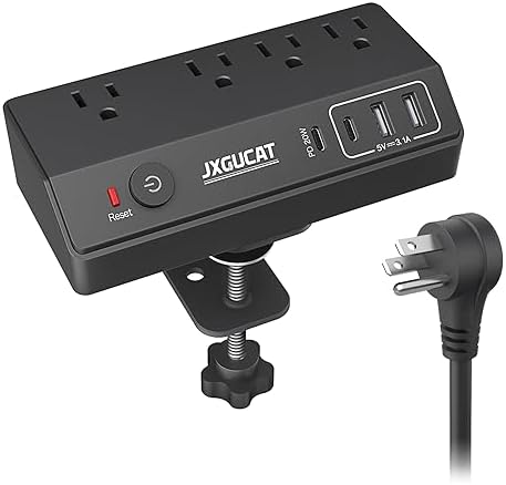 Maximize Your Workspace Efficiency with JXGUCAT Desk Clamp Power Strip – 20 W USB-C Fast Charger with 10 ft Extension Cord, 4 Outlets & 4 USB Ports, Surge Protector Ideal for Clutter-Free Desktop Setup, Fits Tabletops Up to 1.8 inches Thick