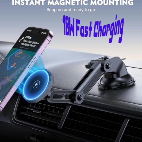 2025 Compatible with iPhone and Android Car Mount Charger for MagSafe 3-in-1 Wireless Fast Charging with Magnetic Suction Cup Mount for Windshield, Vent, or Dash, Type-C Input, 15W Output Power – Enhanced Compatibility and Speed