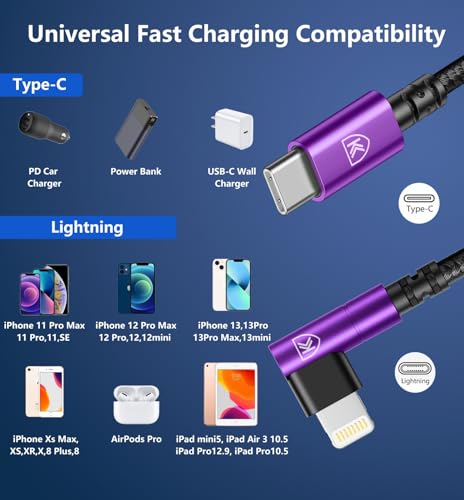 Enhanced 6 FT USB C to Lightning Charging Cable Set – MFi Certified with 90-Degree Design for Optimal Ergonomics – Fast Charging Nylon Braided Cords Compatible with i Phone 14/13/12/11/Pro Max/Plus/8/7 – 3 Pack for Home, Office & Travel Convenience