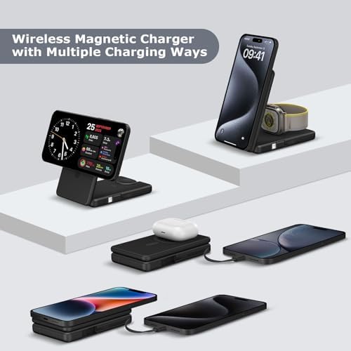 DDUAN 3-in-1 Wireless Charging Station for i Phone and Apple Watch – Foldable 5000 m Ah Magnetic Power Bank with Fast USB-C Charging for i Phone 16/15/14/13/12 Series – Sleek, Portable Design for Home and Travel