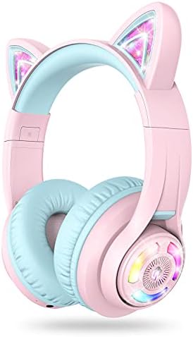 i Clever Meow Jelly-Purple Cat Ear Bluetooth Headphones for Kids – Safe Volume Control (74/85/94 d BA), 45-Hour Playtime, Lightweight Design, LED Lights, Perfect for Tablets and i Pads – Ultimate Travel Companion for Young Music Enthusiasts