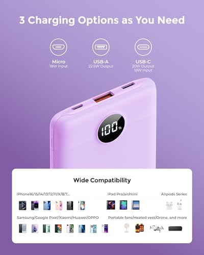 VEEKTOMX Compact 10000 m Ah Mini Power Bank – Ultra-Fast PD 22.5 W USB-C Charger for i Phone, Samsung, Google Pixel – Stylish Purple Travel Essential for On-the-Go Power and Versatile Device Compatibility