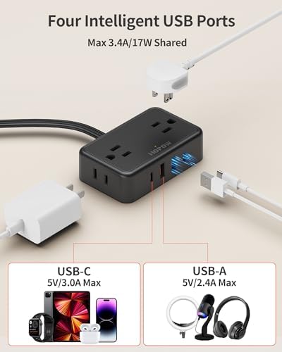Ultra Slim 6 Ft Flat Plug Extension Cord – Travel-Friendly Power Strip with 4 Wide-Spaced AC Outlets & 4 USB Ports (2 USB-C) for Fast Charging – Ideal for Cruise Ships, Home & Office Use, No Surge Protection Required