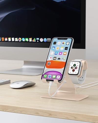 Upgrade Your Charging Station with the OMOTON 2-in-1 Desktop Stand for i Phone & Apple Watch – Sleek Anti-Scratch Holder Compatible with i Phone 16/15/14/13/12 & Apple Watch Series 9/8/SE2/7/6/5/4/3/2 (38-45 mm) – Multi-Angle Viewing, Space-Saving Design, and Non-Slip Base for Ultimate Convenience in Home or Office – Essential Tech Accessory for Organized Living
