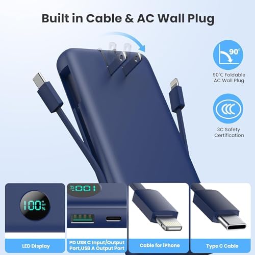 Ultimate USB C Power Bank with Dual Built-in Cables & AC Wall Plug – 13,800 m Ah Fast Charging Powerhouse for i Phone 16/15, Galaxy S23, Tablets – Compact LED Display, Universal Compatibility for On-the-Go Power Solutions