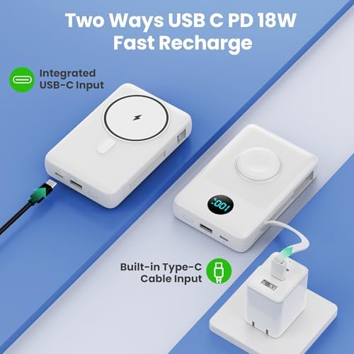 Magnetic 10800 m Ah Power Bank – All-in-One Portable Charger with Built-in Cables, 6-in-1 Functionality for i Phone 16/15/14/13/12 & Apple Watch, 20 W PD Fast Charging, Sleek White Design for On-the-Go Efficiency and Convenience