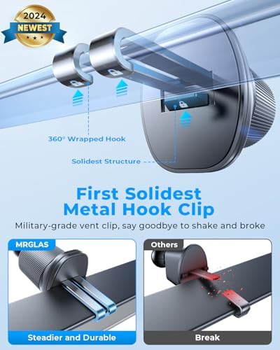 Universal Smartphone Air Vent Car Mount with Dual Metal Hook for Secure One-Hand Use – Sleek Black Design for i Phone & Android Devices, Effortless Navigation & 360-Degree Rotation, Essential Driving Accessory for Safety and Convenience