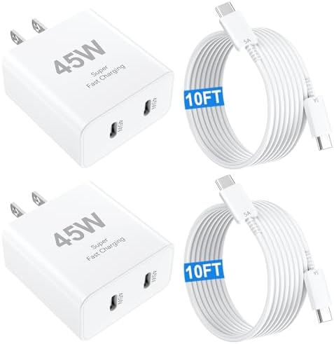 Dual Port 45 W Fast Charger with 10 FT Type C Cable – Power Up Your i Phone 15/16 Pro and Samsung Devices Effortlessly – Ultimate Charging Solution for Active Lifestyles – Quick Charge Technology for Multi-Device Users – Stay Connected Anytime, Anywhere