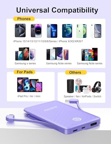 Compact 6000 m Ah Portable Power Bank with Built-in Cable – Lightweight Fast Charging External Battery for i Phone and Android – Ultimate Travel Companion for On-the-Go Charging Efficiency