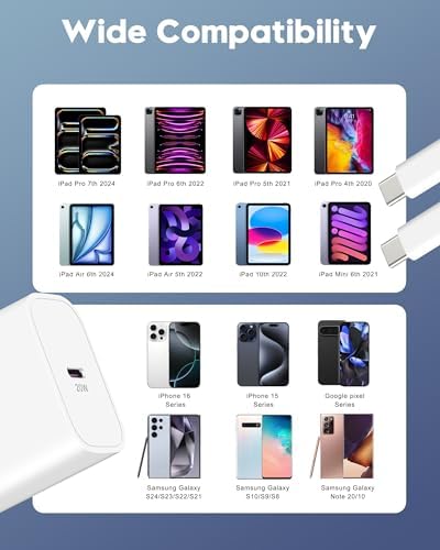 20 W Fast Charger Bundle for i Phone 16 Series & i Pad Models – Dual USB-C Wall Charging Blocks with 3 FT Cable for Lightning-Fast Device Power-Up and Enhanced Compatibility with Air Pods – Ideal for Busy Lifestyles and Travel