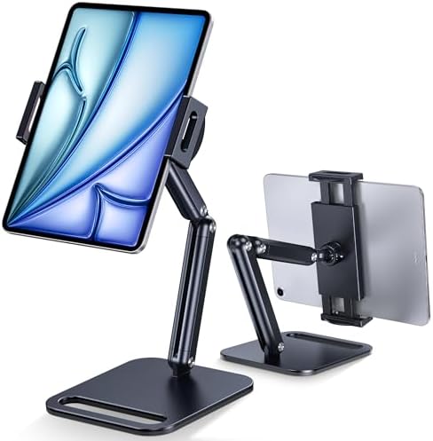 Premium Aluminum Tablet Stand for Enhanced Ergonomics – Fully Adjustable Holder Compatible with i Pad Pro, Air, Mini, Galaxy Tab, Surface Pro, and Kindle (4.7″-13″) – Sturdy Heavy-Duty Base for Stability – Sleek Black Design for Home and Office Use – Elevate Your Viewing Experience with Optimal Comfort and Style