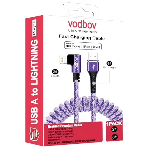 Tangle-Free Coiled i Phone Charger Cord (2-8 ft) – Zebra Black Right Angle Design for i Phone 14/13/12 Pro, Plus & Max – Fast Charging & Enhanced Compatibility for Effortless Device Powering