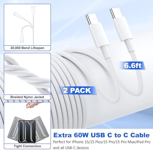 38 W Dual Port Fast Car Charger for i Phone 16 & 15 – Includes 2 Braided 6 ft USB-C Cables & 40 W Wall Adapter – Quick Charge 3.0 Cigarette Lighter Adapter for i Pad, Samsung & Tablets – Ultimate On-the-Go Charging Solution