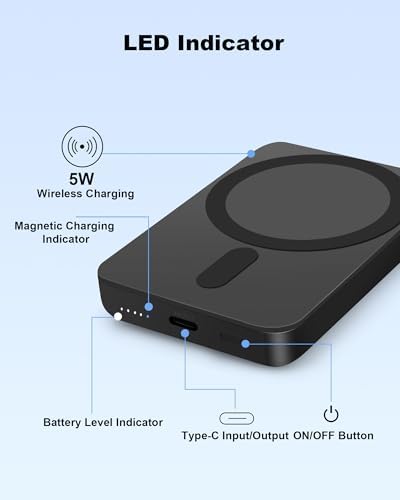 Miady Ultra-Lightweight Mag Safe-Compatible Mini Power Bank – 5000 m Ah Slim Rechargeable Charger with Strong Magnetic Attachment for i Phone 12/13/14/15/16 – Fast USB-C Recharging & Reliable Wireless Charging with Battery Level Indicators for On-the-Go Convenience