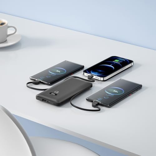 Ultimate Brand Q 10000 m Ah Portable Charger with Built-in Cables and AC Wall Plug – Fast Charging Power Bank with USB-C, Triple Output Ports for i Phone, Tablet & All Smartphones – Perfect Travel Companion for On-the-Go Charging