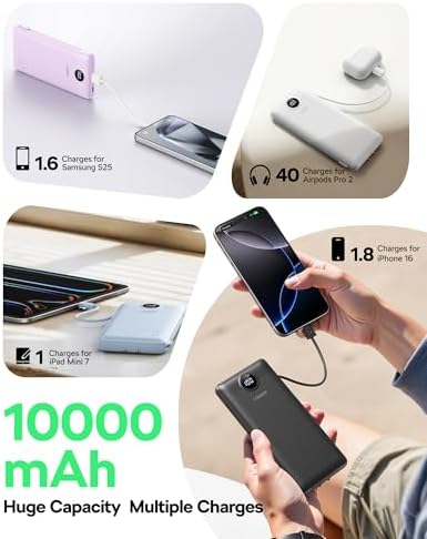 VEGER 10,000 m Ah AC Wall Plug Portable Charger – Ultra-Slim Power Bank with Built-In Cables, 15 W USB-C Fast Charging, Essential Travel Companion for i Phone, Android & More – Effortless Charging Anywhere