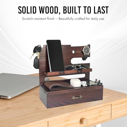 Premium Wooden Docking Station for Men – Multifunctional Desk Organizer with Storage Drawer, Dual Phone Stand & Integrated Watch Charger – Perfect Gift for Husband, Dad, or Boyfriend – Elevate Your Workspace with Style and Efficiency