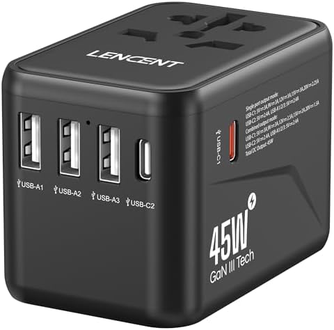 LENCENT 20 W Fast Charging Universal Travel Adapter – Compact International Power Converter with Dual USB and USB Type-C Ports – Ultimate Solution for Worldwide Device Charging in USA, UK, EU, and AUS (Black) – Reliable and Safe Charging for Global Explorers