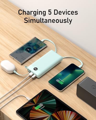 VEEKTOMX 10,000 m Ah Portable Power Bank with Integrated Charging Cables – Slim, Lightweight Fast Charger for i Phone, Samsung, and Android Devices – Essential Travel Companion with Intelligent Charging Technology for On-the-Go Convenience
