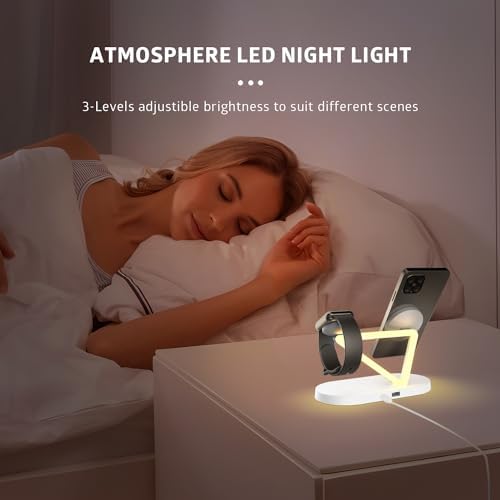 TOALLIN 5-in-1 Magnetic Wireless Charging Station with Night Light – Ultimate Fast Charging Dock for i Phone 12, 13, 14, 15 Pro Max, Air Pods & Apple Watch Series – Streamlined Design for Home & Office Use, Enhanced Compatibility & Convenience