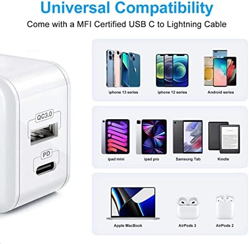 VOLPORT Dual-Port Fast Charging Wall Charger Block with MFi Certified USB C to Lightning Cable – Compact Power Adapter with Foldable Plug for i Phone 14, 13, 12 Pro Max & i Pad – Ultimate Speed and Compatibility for On-the-Go Charging
