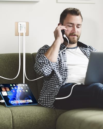40 W Retractable Wall Charger with 35.4-Inch Lightning Cable – Fast Charging Solution for i Phone 14, i Pad, Pixel, and Galaxy – 3-Port USB-C Charging Block with Compact Foldable Plug for Ultimate Portability and Enhanced Compatibility