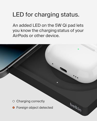 Belkin 15 W Mag Safe-Compatible 2-in-1 Wireless Charging Station – Fast Dual Device Charger for i Phone 16, 15, 14, 13 Series & Air Pods – Sleek Sand Design for Effortless Portability and Seamless Power Solutions