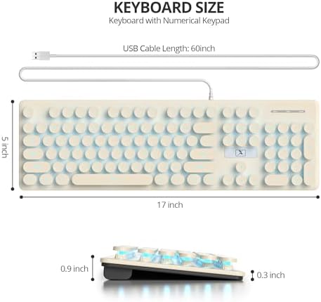Elevate Your Workspace with the Fogruaden Retro Typewriter Keyboard – Stylish Full-Size USB Design, 104 Round Keys, and White LED Backlighting for Effortless Night Use, Ergonomic & Silent Membrane Keys Perfect for Windows PC and Laptops, Ideal for Writers and Gamers Seeking a Unique Vintage Touch
