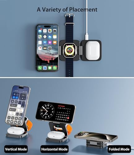 Magnetic 3-in-1 Wireless Charging Station for i Phone 15/14/13/12 Pro Max, Apple Watch 9/8/7/6/5/4/3/2 SE, and Air Pods Pro 3/2 – Fast, Portable, and Stylish Charger for All Your Apple Devices (Black) – Ultimate Charging Convenience with Enhanced Compatibility and Foldable Design