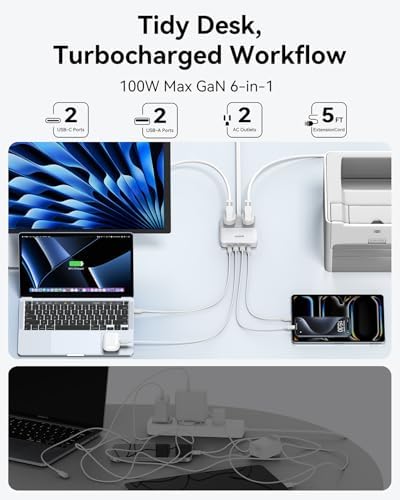 Ultimate 100 W Ga N USB-C Charging Station with Surge Protection – 6-Port Multi-Device Power Strip for Mac Book Pro, i Phone 16 Pro, and Chromebook – Space-Saving Flat Plug Design and 5 ft Extension Cord for Flexible Use – Perfect for Home and Travel