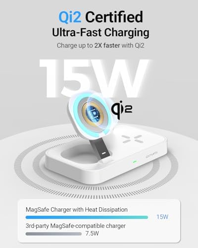 Revolutionize Your Charging Setup with the Qi2 Wireless Charging Station Trident – 15 W Fast Charger for Smartphones, Air Pods, and Apple Watch – Qi2 Certified, Dual USB-C Ports for Smartwatch, Whisper-Quiet Operation, Adjustable LED Indicator, Sleek White Design for Modern Aesthetics – Ultimate Device Compatibility and Speed in One Compact Solution