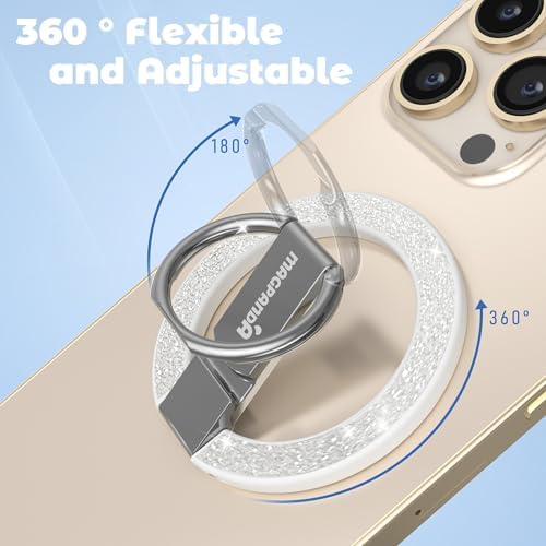 Glamorous Diamond White Magnetic Phone Ring Holder for Mag Safe – Chic Glitter Grip with Versatile Adjustable Kickstand for i Phone 12-16 Pro Max Plus – Ultimate Stability and Effortless Connectivity for Enhanced User Experience