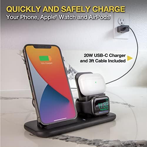 Transform Your Device Charging with Scosche CSQ3 N1-SP 3-in-1 Qi-Certified Wireless Charging Dock – Rapid Power for Smartphones, Apple Watch & Earbuds, Sleek Compact Design Ideal for Home or Office Use, Enhanced Compatibility & Cordless Convenience