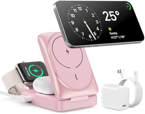 3-in-1 Qi2 Certified Wireless Charging Station – 15 W Fast Magnetic Charger for i Phone 16/15/14/13/12, Apple Watch, Air Pods – Foldable Design with 30 W USB-C Adapter for Ultimate Compatibility and Efficiency – Elevate Your Charging Experience with Enhanced Safety Features and Versatile Viewing Angles