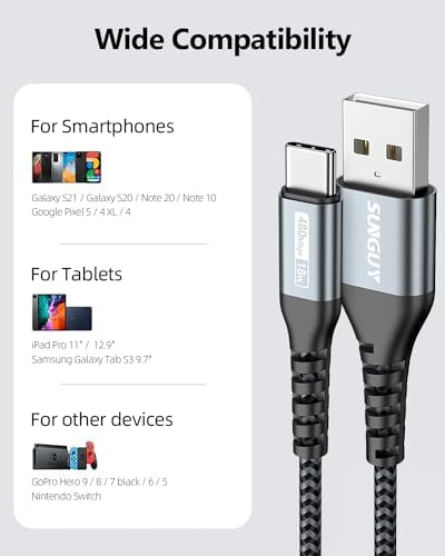 SUNGUY USB to USB C Cable 10FT[3Pack], USB A to USB C Cable 3A Type C Charger Fast Charging Nylon Braided for iPhone 16 15 Pro/Pro Max/Plus, Samsung Galaxy S23/S22/S21, USB C Devices – Enhanced Compatibility and Speed
