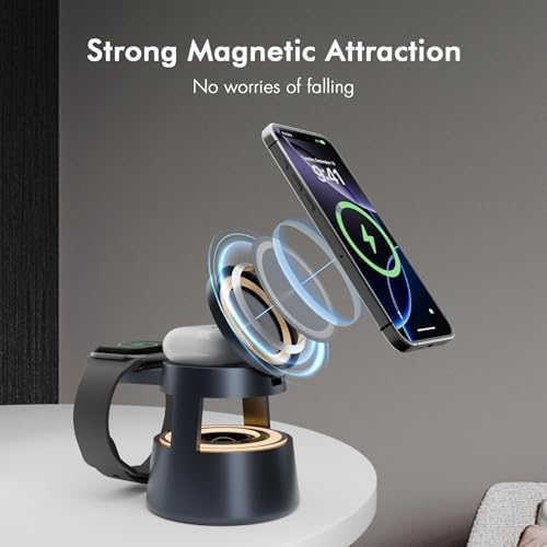 5-in-1 Mag Safe Wireless Charging Station with Bluetooth Speaker & Night Light – Fast Charging Hub for i Phone 16/15/14/13/12 Pro Max, Apple Watch Ultra, and Air Pods – Portable Travel-Friendly Design with Adjustable Warm Light and Enhanced Safety Features
