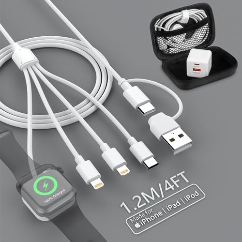 Ultimate 4-in-1 Apple Watch Travel Charger Cable – 20 W PD Fast Wall Charger for All Apple Devices Including i Phone & Air Pods, 4 FT Magnetic Charging Cord for Series 3/4/5/6/7/8/SE/Ultra – Unmatched Speed and Versatile Compatibility for On-the-Go Charging