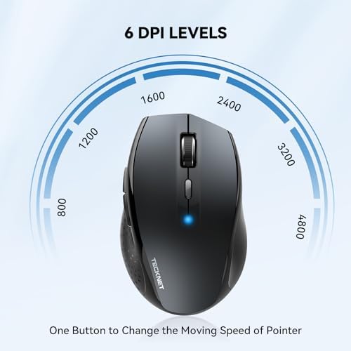 TECKNET Bluetooth Wireless Mouse – Ergonomic 4800 DPI Precision with 6 Adjustable Settings, Long-Lasting 2-Year Battery, and 6 Functional Buttons for Laptops & Windows – Sleek Grey Design for Enhanced Comfort and Productivity