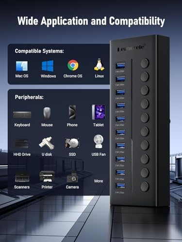 Lemorele 10-Port USB 3.0 Powered Hub – Ultimate 24 W USB Splitter with Individual LED Switches for Smart Device Management, Achieve 5 Gbps Data Transfer & 5 V Charging for Phones, Power Banks, and More – Ideal for Home Offices and Professionals Seeking Efficiency