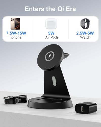 Elevate Your Charging Game with the 3-in-1 Wireless Charger for i Phone – Premium Mag Safe Compatible Station for i Phone, Apple Watch & Air Pods, Fast Charging in Sleek Black (2025 US Model) – Experience Effortless Alignment & Enhanced Compatibility for All Your Apple Devices