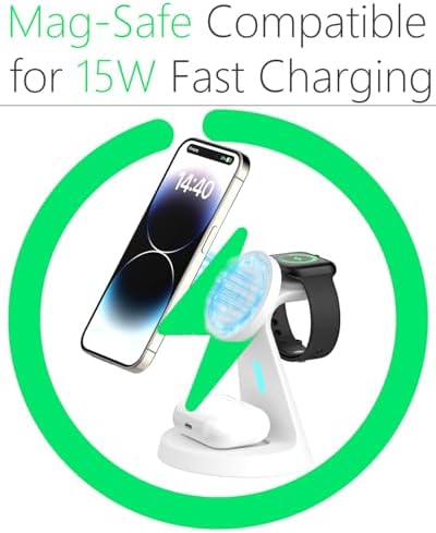 3-in-1 Mag Safe Wireless Charging Station: Fast 15 W Charger for i Phone 16/15/14/13/12, Apple Watch, and Air Pods – Compact Design for Clutter-Free Workspaces with Enhanced Magnetic Alignment and Safe Charging Technology