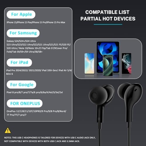 Premium USB C Earbuds for i Phone 16 & Samsung Galaxy Series – High-Fidelity Noise Cancelling Wired Headphones with Built-in Mic for Pixel 9 & One Plus 12 – Sleek Black Design for Ultimate Comfort and Clarity – Perfect for Music & Calls