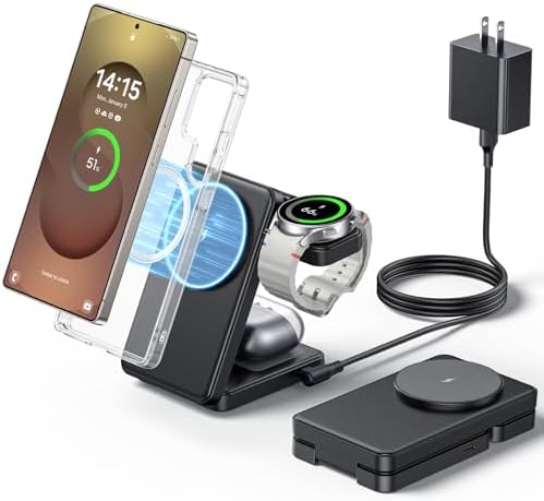 Effortless 3-in-1 Magnetic Wireless Charger for Samsung Devices – Fast Mag-Safe Charging Station for Galaxy S25, S24, S23 Ultra Plus, Z Fold/Flip Series, Plus Compatible with Galaxy Watch Ultra 8/7/6/5/Pro and Buds – Portable Foldable Design for Enhanced Efficiency and Style