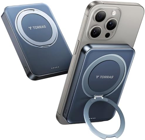 TORRAS 5,000 m Ah Magnetic Power Bank – Slim Wireless Charger with Built-in Stand for i Phone 15/Pro Max and Samsung Galaxy S24 Ultra – Fast Charging, Enhanced Portability, and Effortless Device Compatibility in Titan Gray